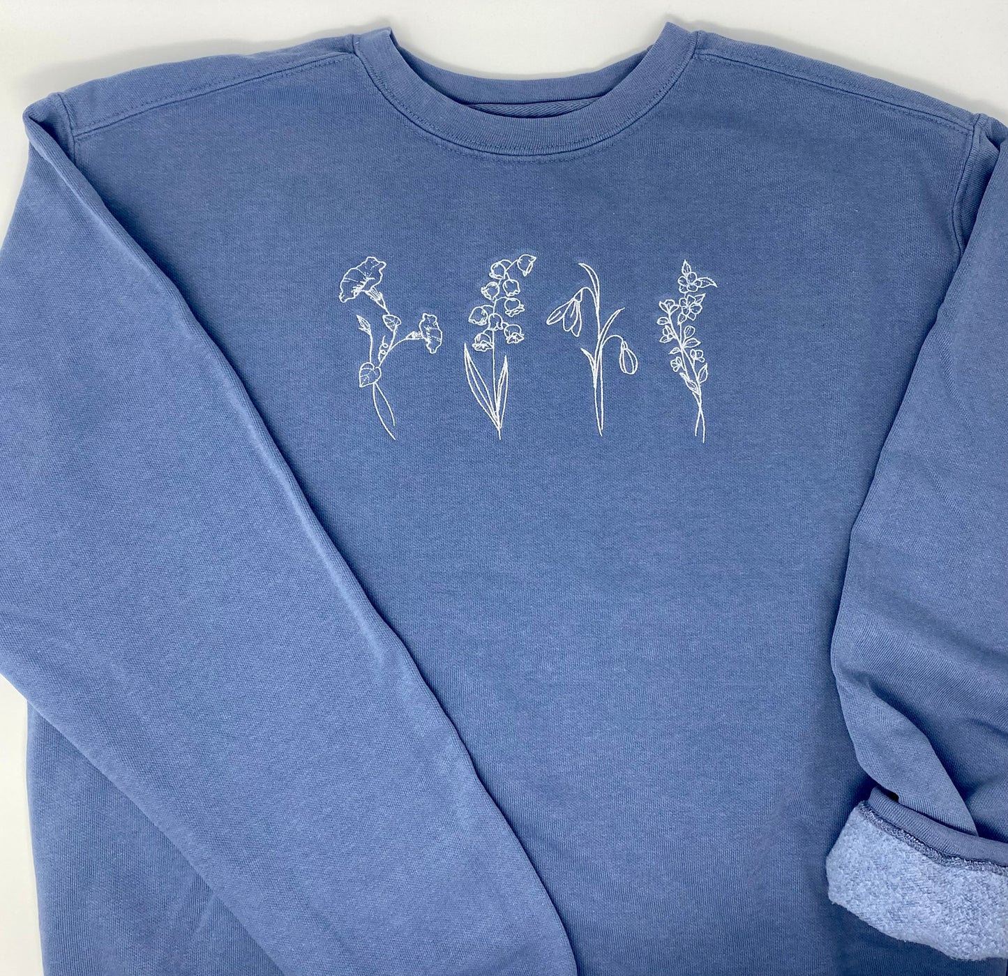 Custom Birth Flower Embroidered Sweatshirt in White, Charcoal and Blue