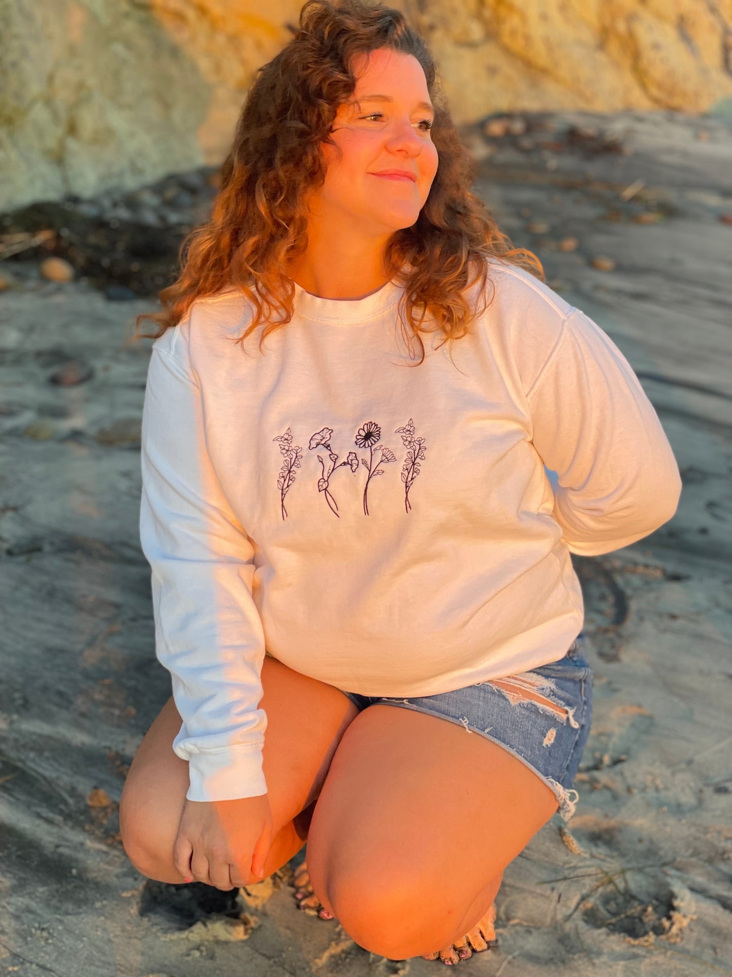 Custom Birth Flower Embroidered Sweatshirt in White, Charcoal and Blue