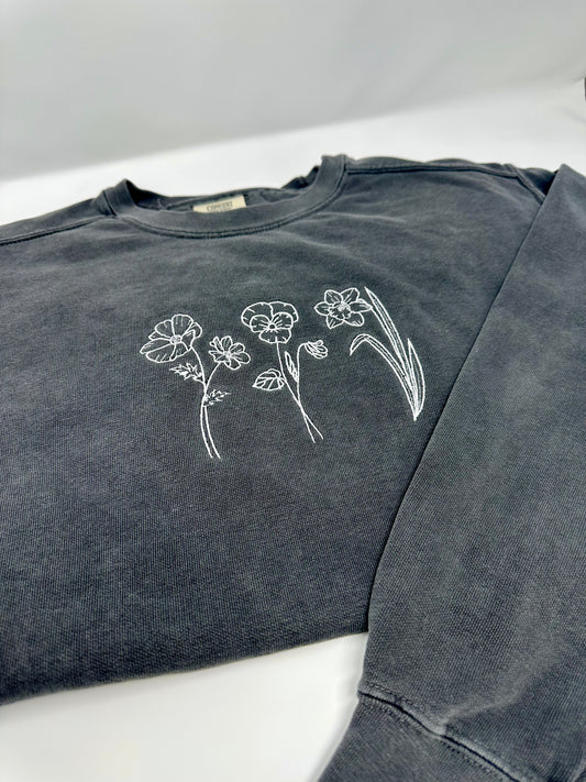 Custom Birth Flower Embroidered Sweatshirt in White, Charcoal and Blue